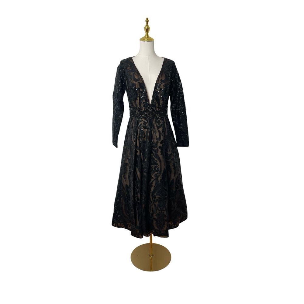 Mac Duggal 67529 Black Nude Sequin Long Sleeve V-Neck Midi Dress Size 6 $598 - Picture 3 of 7